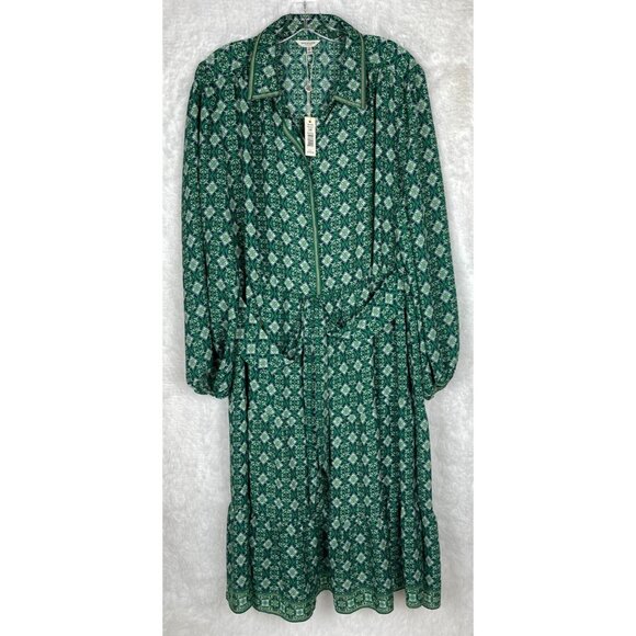 NWT Max Studio 2X Long Sleeve Button Down Dress Green Blue White Tie Back - Picture 2 of 9
